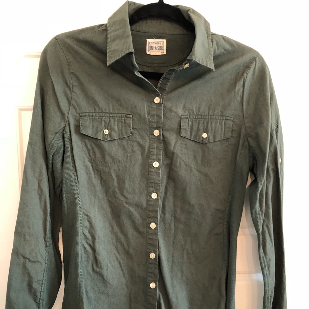 Button down shirt, converse, olive green